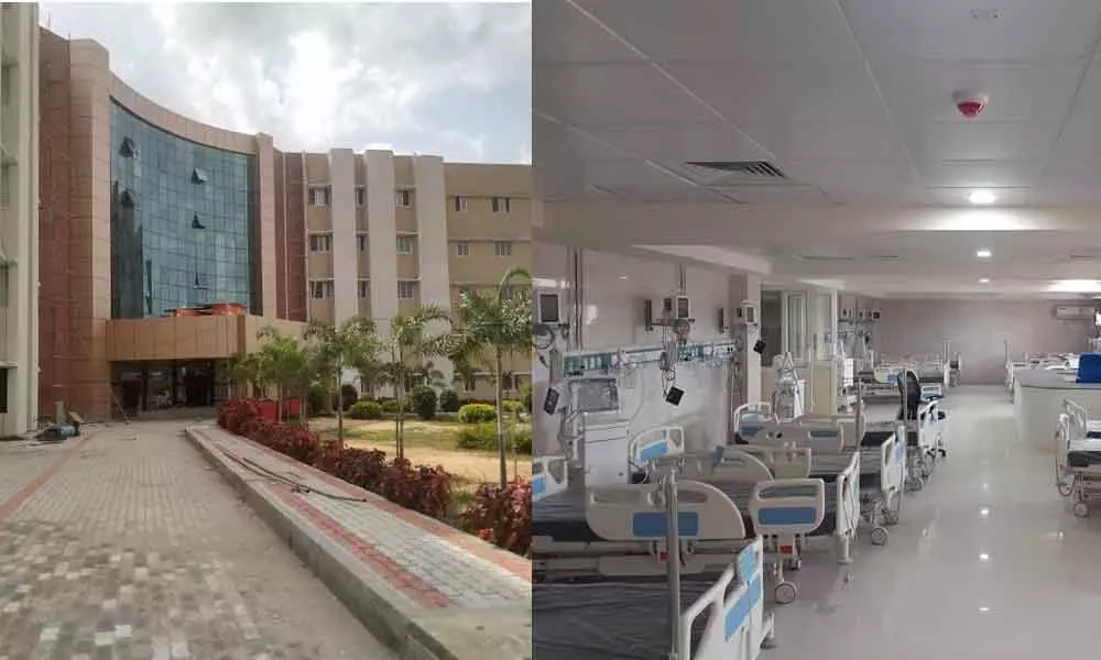 A view of Super Specialty building in Anantapur (Left); Beds in Super Specialty hospital in Anantapur (Right)