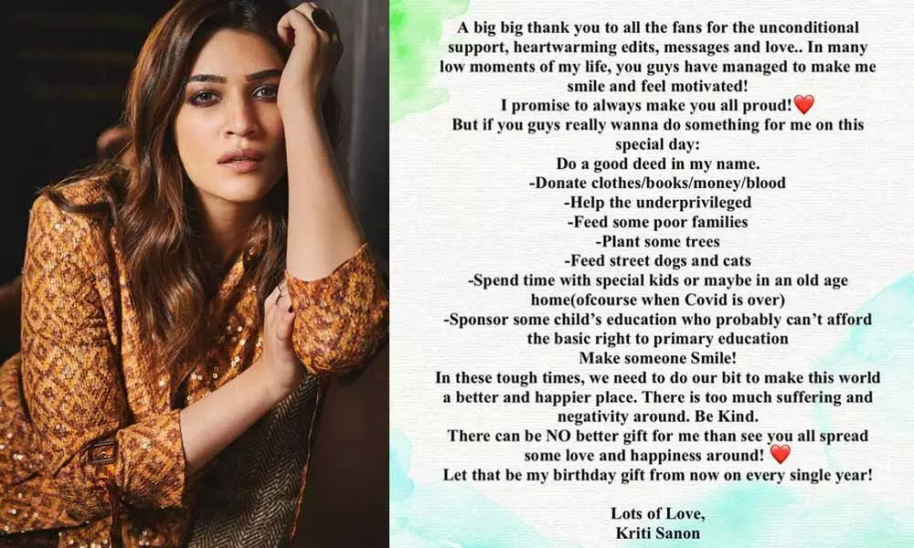 Kriti Sanon Thanks All Her Fans And Friends For Amazing Birthday Wishes And Asks Them To Help Needy People