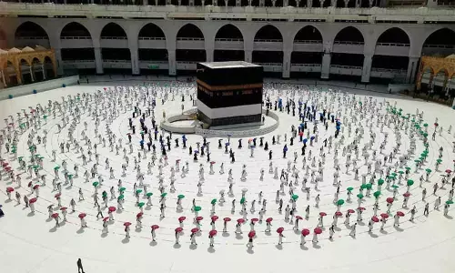 Tawaaf taking place at Masjid Al Haram during Hajj 1441