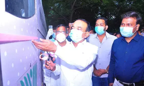 Telangana Health Minister Eatala Rajender inaugurating mobile testing lab in Hyderabad on Wednesday