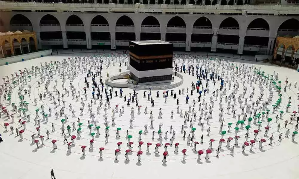 Tawaaf taking place at Masjid Al Haram during Hajj 1441