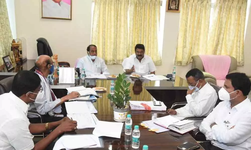 Endowments Minister A Indrakaran Reddy along with the Animal Husbandry Minister T Srinivas Yadav holding a review meeting on the temple lands
