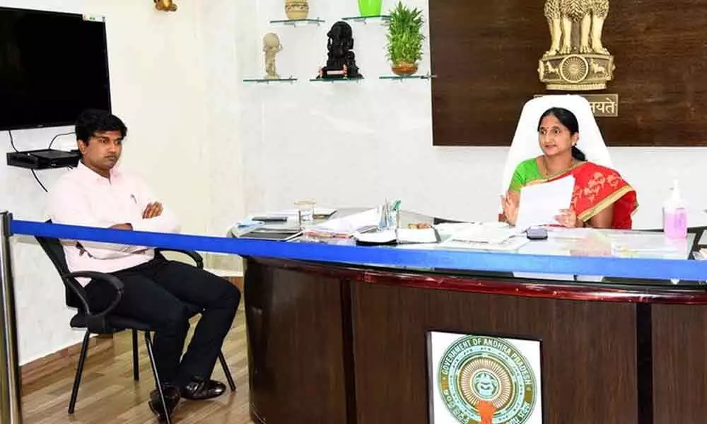 Joint Collector Madhavi Latha convening a meeting on house sites distribution in Vijayawada on Wednesday