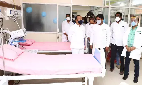 Health Minister Eatala Rajender inspecting the Covid-19 ward at Mamata hospital in Khammam on Friday.