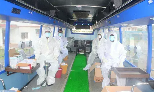 Health and Revenue officials inside ‘Sanjivini bus’ after its inauguration