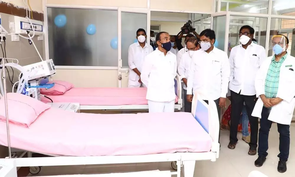 Health Minister Eatala Rajender inspecting the Covid-19 ward at Mamata hospital in Khammam on Friday.