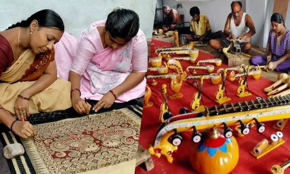 Weavers working on a Kalamkari saree (Left); A team of artisans making Veena (Right)