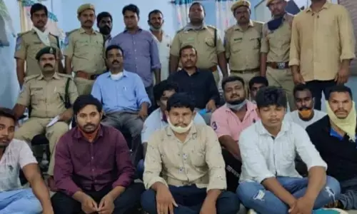 Police producing the persons arrested for selling pangolin scales, before the media at Kothagudem on Monday
