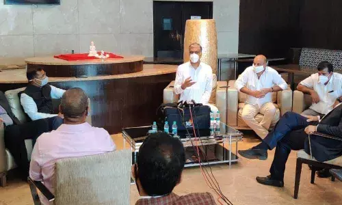 Finance Minister T Harish Rao speaking to pressmen after inaugurating JITO Covid Care Centre in Hyderabad on Monday