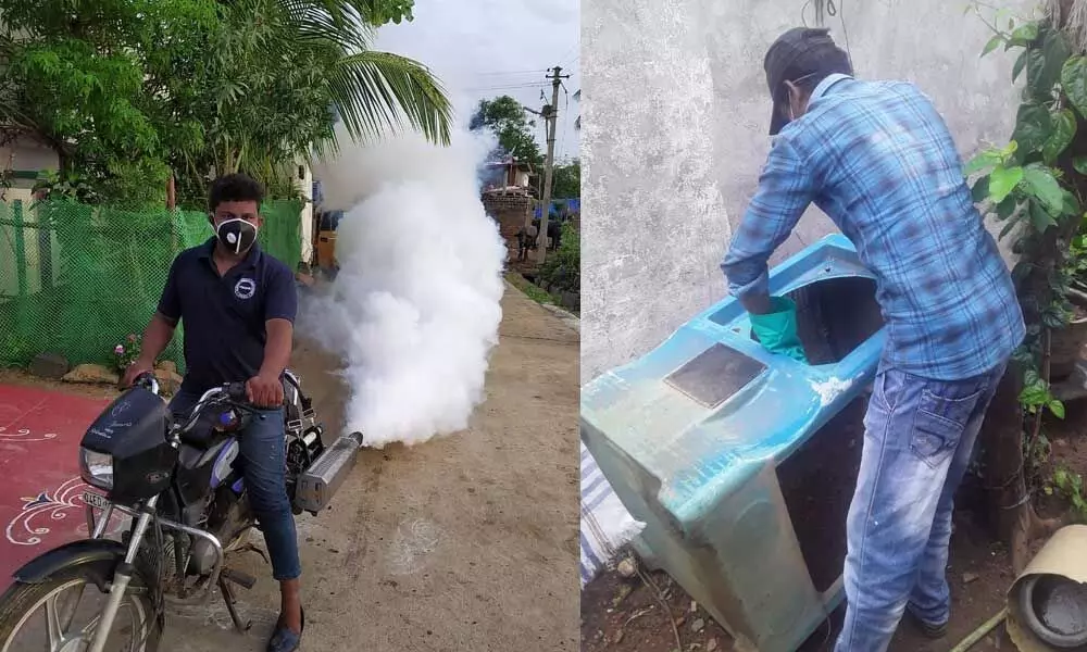 Municipal staff fumigating to disinfect a street and Clearing stagnated water in a cooler in a house