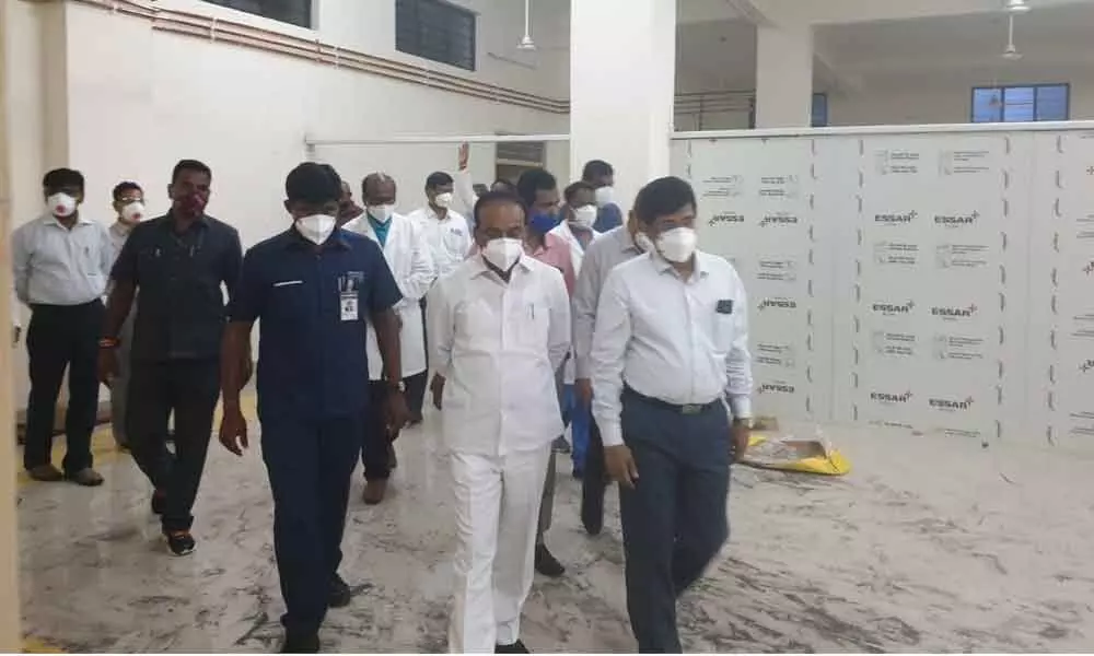 Health Minister Eatala Rajender inspecting facilities in Gandhi Hospital on Monday