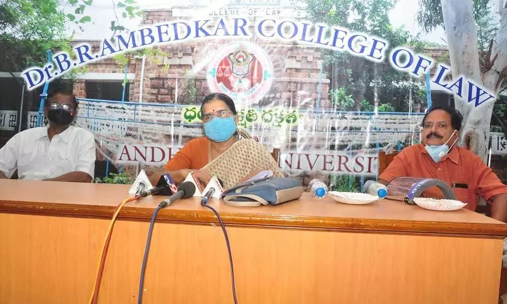 Principal of Dr B R Ambedkar College of Law S Sumitra speaking to the media in Visakhapatnam on Monday