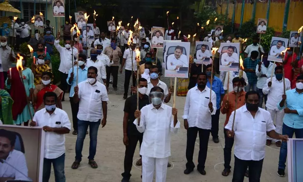 MLA Bhumana Karunakar Reddy holds a torchlight demonstration in a private Kalyana Mandapam in Tirupati