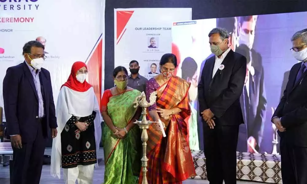 Telangana Education Minister Sabita Indra Reddy lighting a lamp to mark the inauguration of Anurag University on the outskirts of Hyderabad on Monday