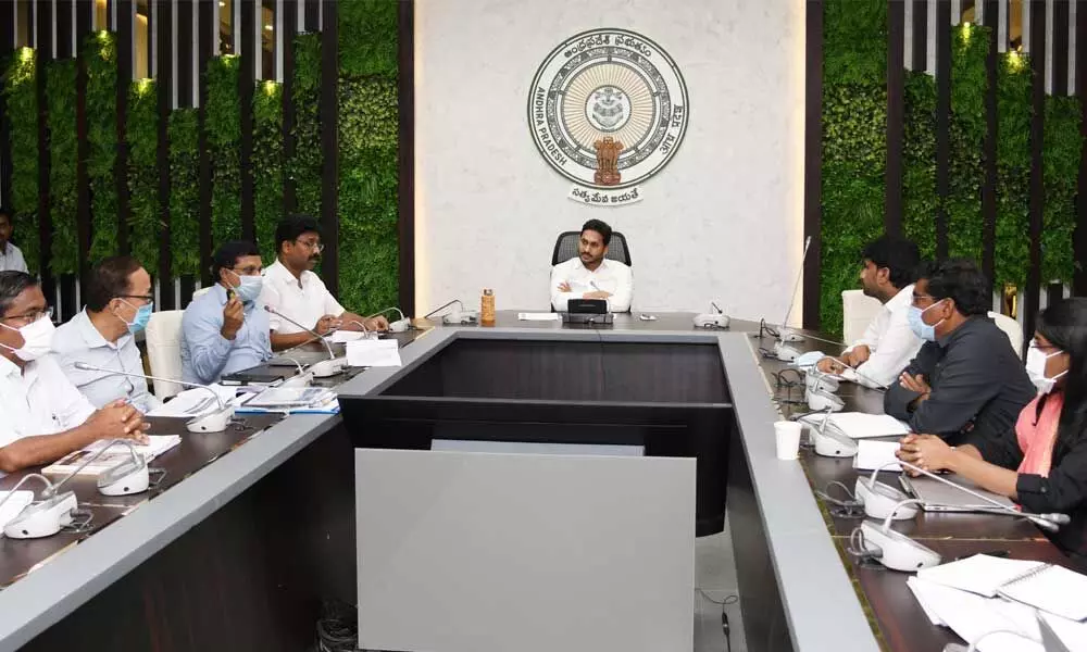 Chief Minister YS Jagan Mohan Reddy holding a review meeting on Manabadi - Naadu-Nedu at his camp office in Tadepalli on Tuesday