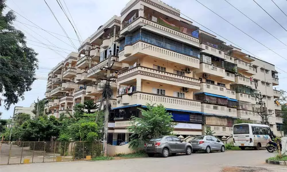 A view of the apartment complex where the residents extend support to a coronavirus positive patient residing on the same premises in Visakhapatnam