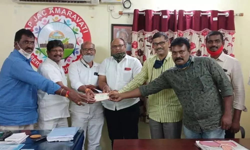 APSRTC Security Welfare Association leaders joining Amaravati JAC in Vijayawada on Wednesday