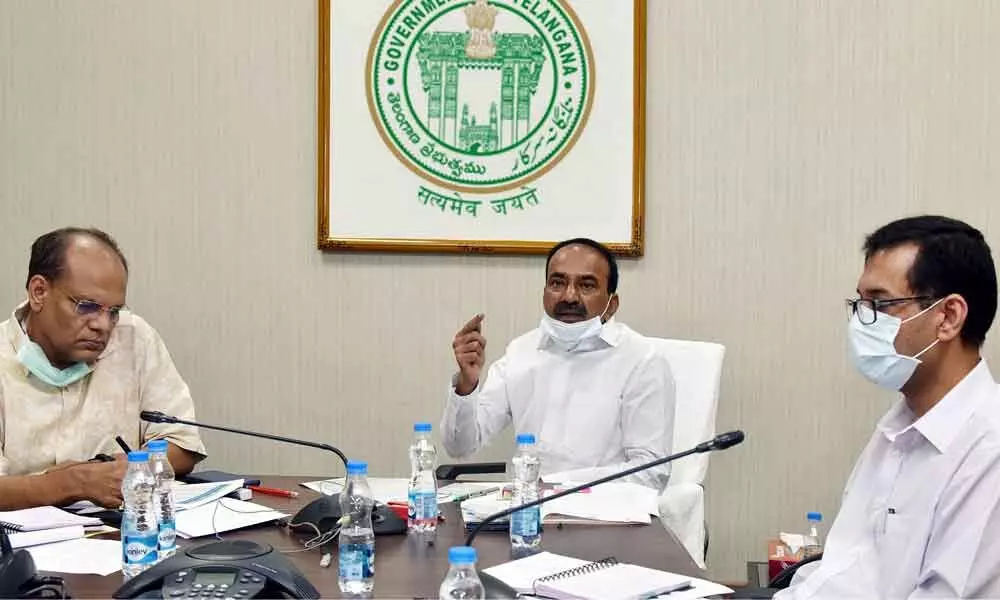Health Minister Eatala Rajender along with State Chief Secretary Somesh Kumar holding a video conference with Collectors and Medical and Health officials in Hyderabad on Thursday