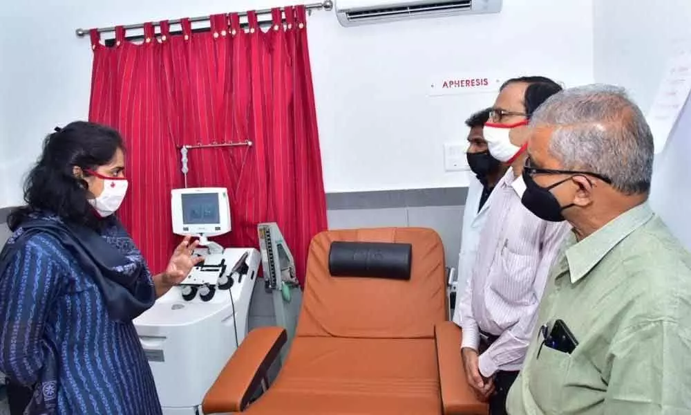 Joint Collector Keerthi Chekuri examining plasma collection arrangements in Red Cross Blood Bank in Kakinada on Thursday