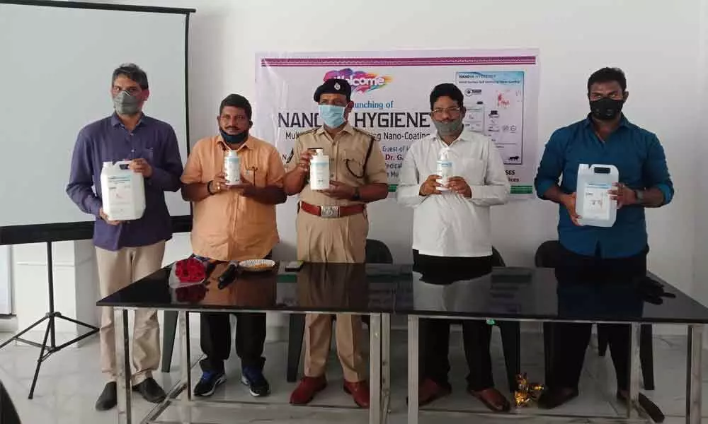 West ACP N Surya Chandra Rao launching nano technology sanitiser products in Vijayawada