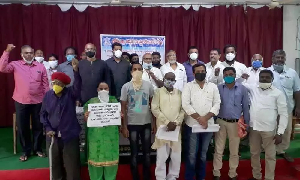 Loksatta Udyama Samstha members at a press meet in Karimnagar on Friday