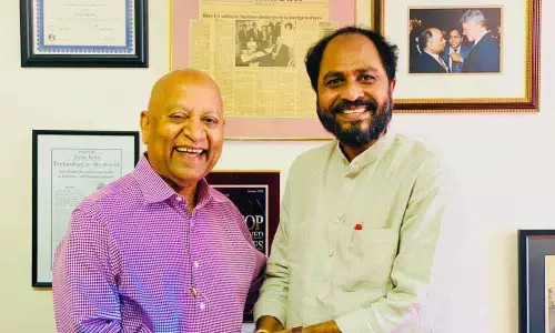 Rathnakar Pandugayala, Spl representative to AP Govt for North America and Subu Kota, chairman of The Boston Group, after signing an MoU to set up a centre in Visakhapatnam on Saturday in Vijayawada