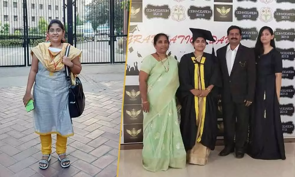Dr D Sarmista Roy with her family members(Right) At her medical college in Delhi (Left)