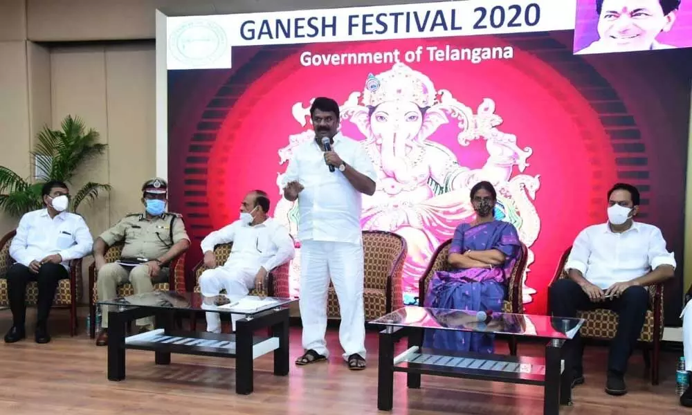 Animal Husbandry Minister T Srinivas Yadav speaking at a meeting held in connection with ensuing Ganesh festival celebrations