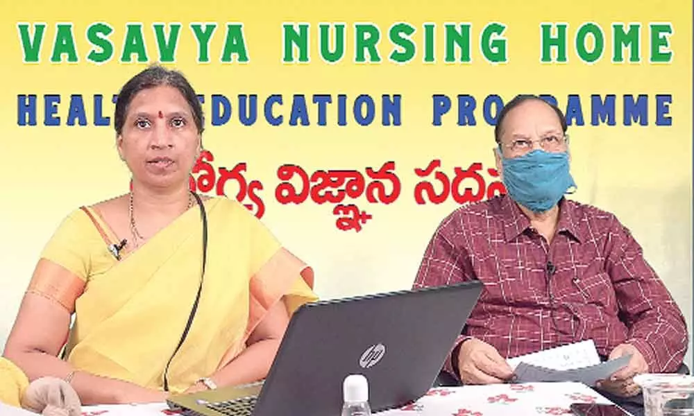 Paediatrician  Dr V Sridevi speaking online on Importance of breastfeeding’ in a health education programme at Vasavya Nursing Home in Vijayawada on Saturday.  Dr G Samaram is also seen.
