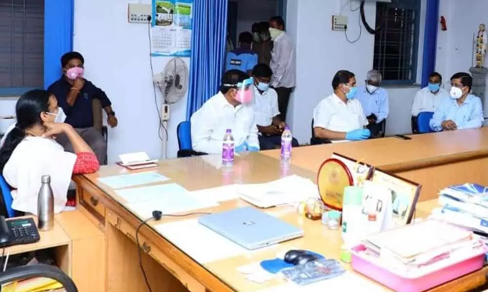 Chief Whip D Vinay Bhaskar and Warangal East MLA Nannapuneni Narender in a review meeting with the officials in Warangal on Saturday