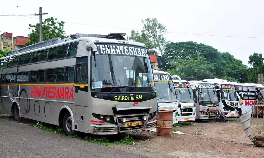 Private travel buses kept for the last five months due to corona pandemic in Rajamahendravaram.