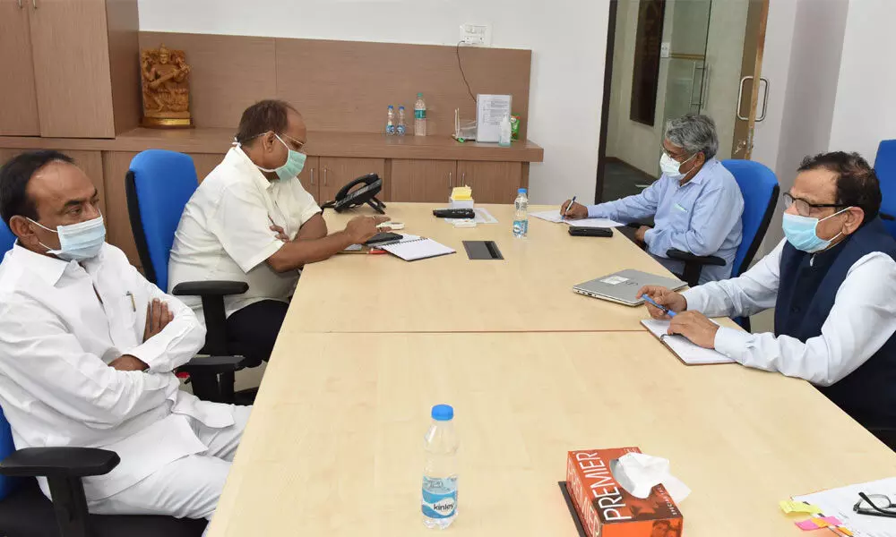 Health Minister Eatala Rajender holding discussions with members of Central team in Hyderabad on Monday