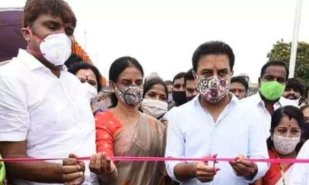 MA&UD Minister KTR inaugurating Bairamalguda RHS Flyover on Monday. Minister Sabitha Indra Reddy and Mayor Bonthu Rammohan are seen