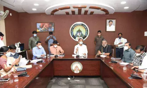 MLA Bhumana Karunakar Reddy speaking at the Covid Coordination Committee held at Municipal Corporation Office in Tirupati on Wednesday