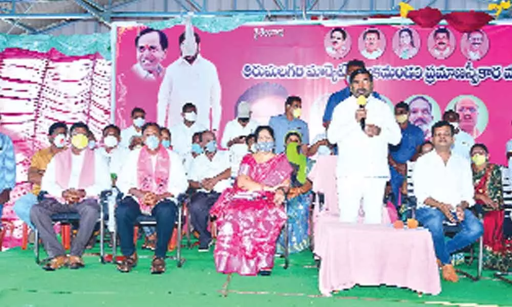 Energy Minister G Jagadish Reddy speaking at the swearing in ceremony of Agriculture Market committees in Suryapet on Thursday