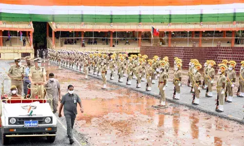 DGP Gautam Sawang inspecting the arrangements at the Indira Gandhi Municipal Corporation Stadium