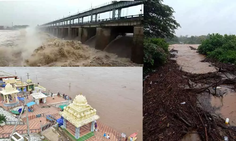 22 gates of Taliperu project in Cherla mandal lifted (left-top); Godavari water level reaching 37 feet in Bhadrachalam(left-btm);  Road connectivity cut off between Gundal and Pasara mandals (right)