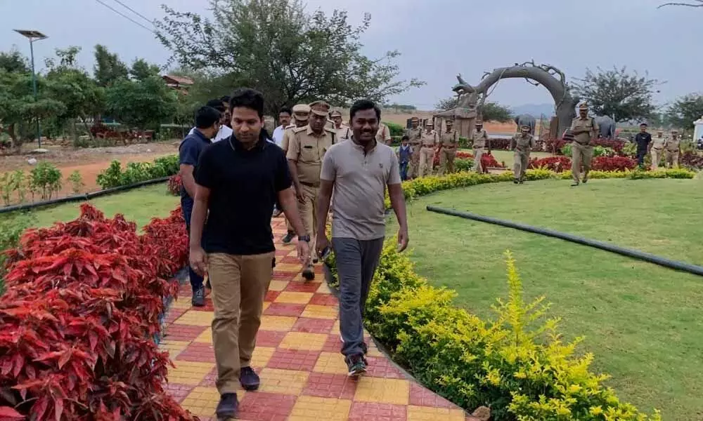 Collector Gandham Chandrudu and DFO Jaganath Singh visiting the Pampanur eco-park in Anantapur on Friday