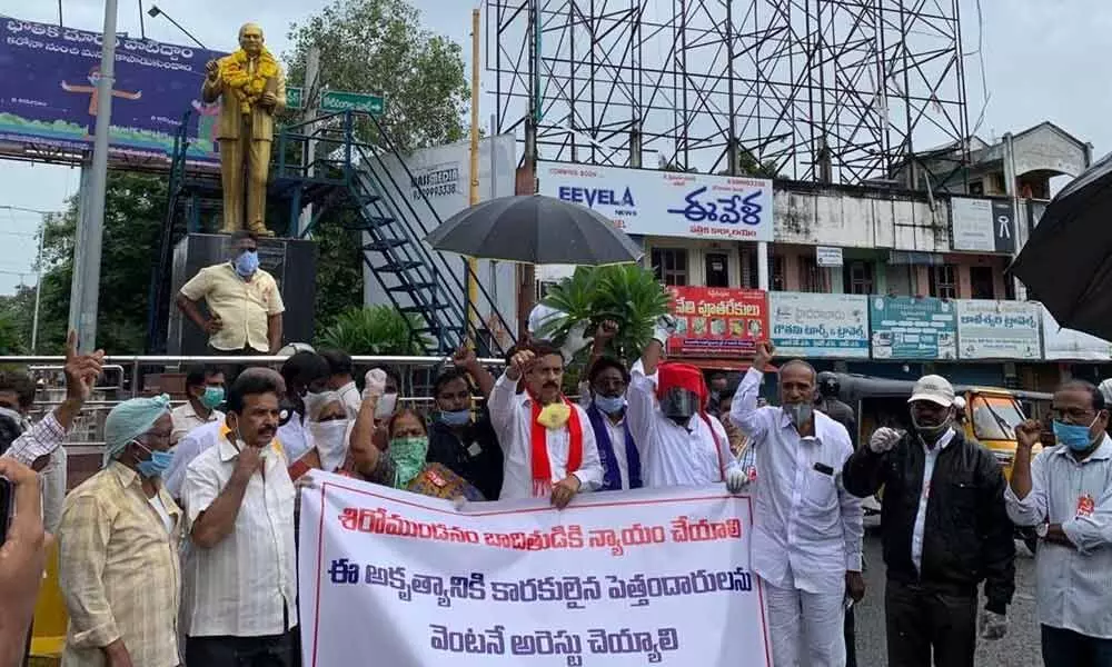 CPI state secretary K Rama Krishna participating in a dharna at Gokavaram bus station in Rajamahendravaram on Friday