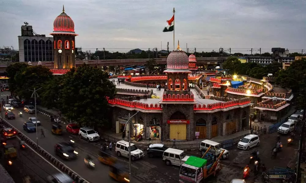 Newly renovated Mozamjahi Market illuminated on the eve of 74th Independence Day in Hyderabad on Friday
