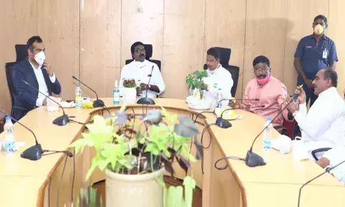 Minister for Transport Puvvada Ajay Kumar speaking to the media people after flag hosting in Khammam on Saturday