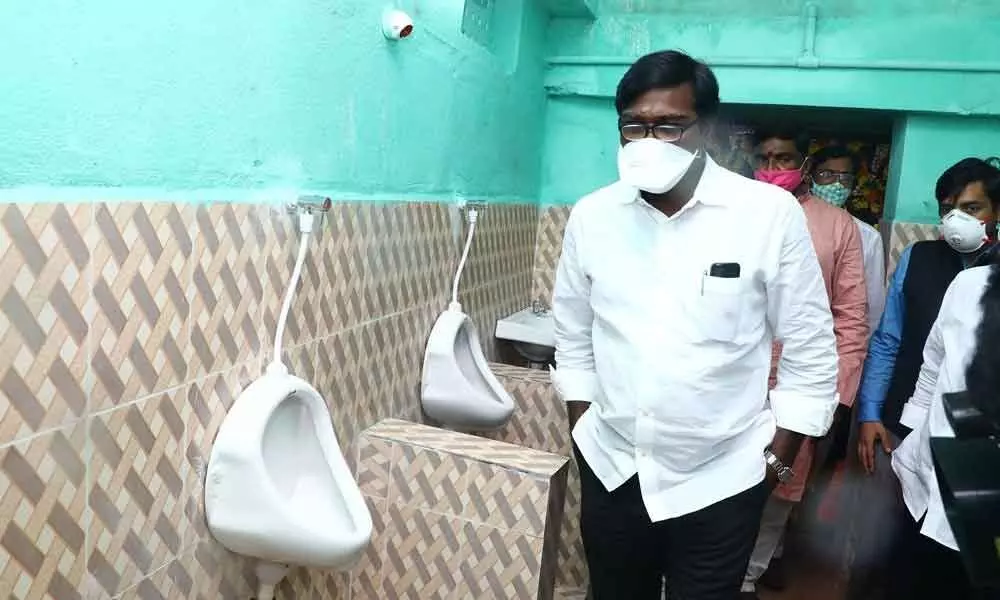 Minister Ajay inspecting public toilets after the inauguration in Khammam on Saturday