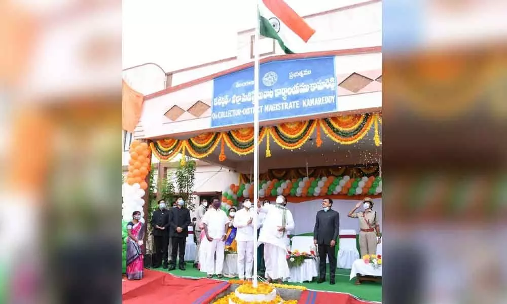 Speaker of Telangana Legislative Assembly Pocharam Srinivas Reddy hoisting the National Flag in Kamareddy district on Saturday