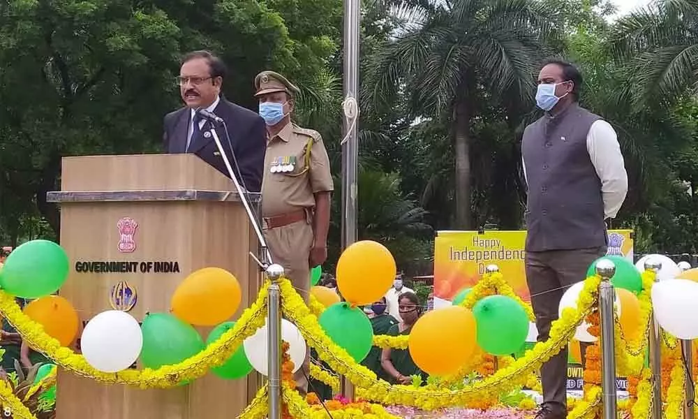 A Rama Mohan Reddy, Zonal Development Commissioner, Visakhapatnam Special Economic Zone, speaking at the 74th Independence Day event at Duvvada on Saturday