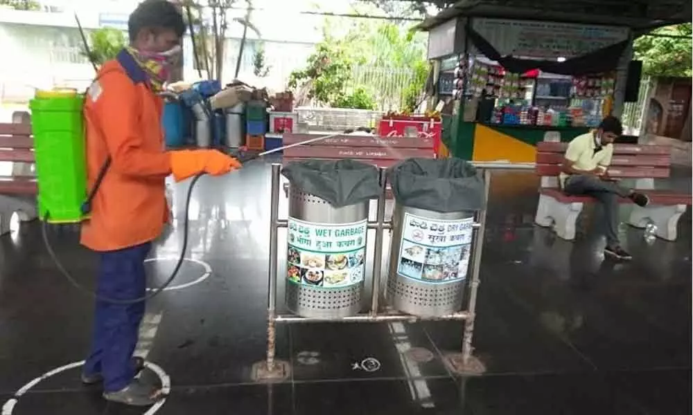 Dustbins are being sanitised at Visakhapatnam railway station as part of special cleanliness drive