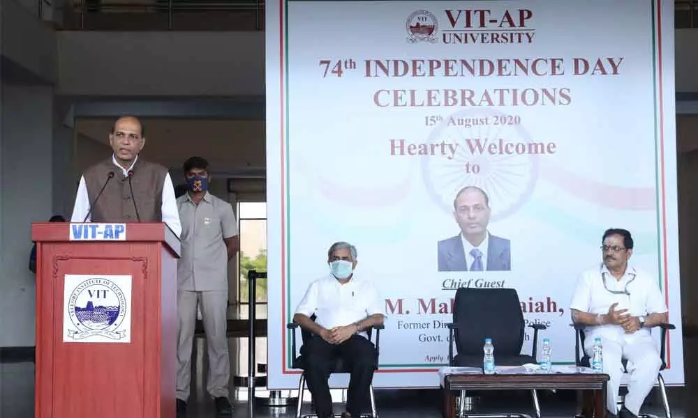 Former DGP Dr M Malakondaiah addressing the 74th Independence Day celebrations at VIT-AP University in Amaravati on Saturday