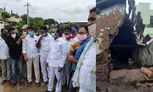 Health Minister E Rajendar inspecting low lying areas in Huzurabad mandal on Monday (left); A house damaged due to heavy rains in Kothapallu mandal of Karimnagar district (right)