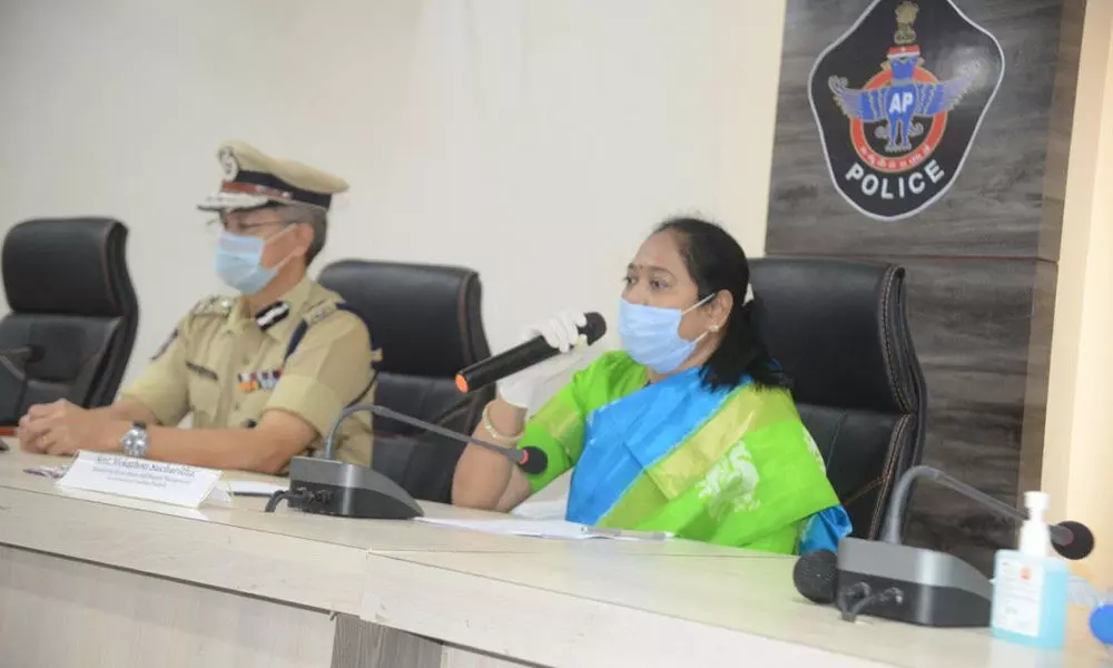 Home Minister M Sucharitha addressing the media at Urban SP office in Guntur on Monday. DGP D Gautam Sawang is seen.