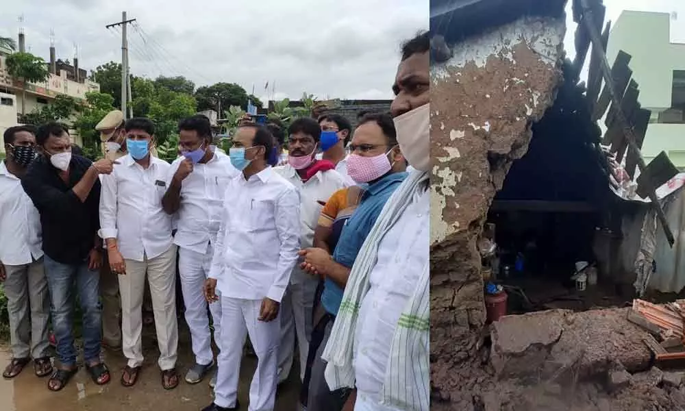 Health Minister E Rajendar inspecting low lying areas in Huzurabad mandal on Monday (left); A house damaged due to heavy rains in Kothapallu mandal of Karimnagar district (right)