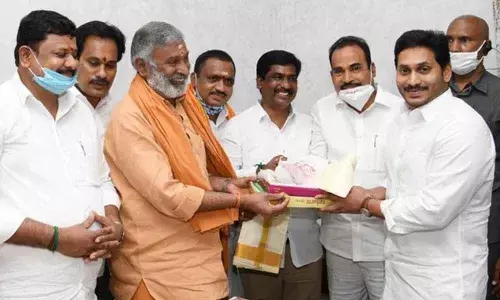 Panchayat Raj Minister P Ramachandra Reddy inviting Chief Minister Y S Jagan Mohan Reddy for Kanipakam temple Annual Brahmotsvams, in Amaravati on Thursday